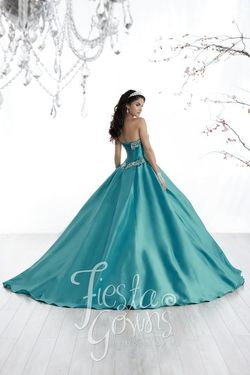 Style 56322 House of Wu Fiesta Blue Size 4 Prom Studded Turquoise Silk Ball gown on Queenly