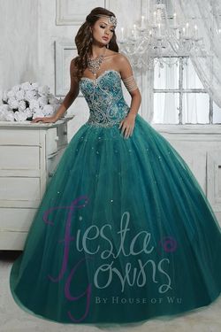 Style 56264 House of Wu Fiesta Green Size 2 Lace Tall Height Tulle Ball gown on Queenly