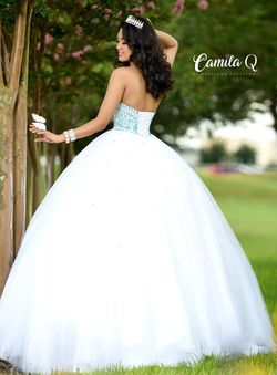 Style Q17003 Karishma Creations White Size 6 Strapless Quinceanera Sequined Embroidery Ball gown on Queenly
