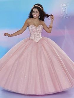 Style 4654 Mary's Light Pink Size 10 Tulle Lace Strapless Pageant Ball gown on Queenly