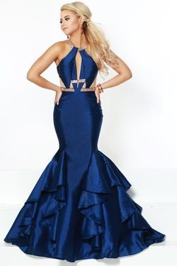 Style 81073 2Cute Prom Blue Size 4 Floor Length Halter Prom Mermaid Dress on Queenly