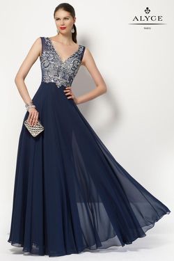 Style 27165 Alyce Paris Navy Blue Size 14 Floor Length Tall Height 27165 A-line Dress on Queenly