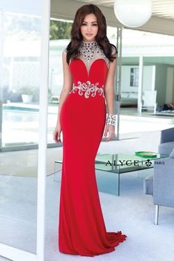 Style 6393 Alyce Paris Red Size 10 Plunge Floor Length Pageant Straight Dress on Queenly