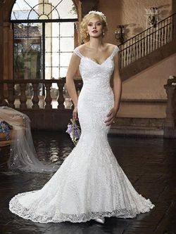 Style 6363 Mary's White Size 10 Jewelled Train Lace Mermaid Dress on Queenly