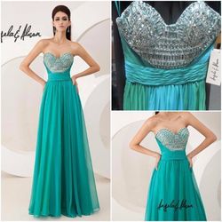 Style 41023 Angela and Alison Green Size 2 Floor Length Teal Strapless A-line Dress on Queenly