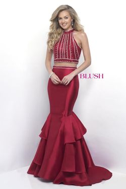 Style 11208 Blush Prom Red Size 10 Ruffles Floor Length Tall Height Halter Mermaid Dress on Queenly