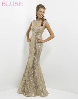Style 9768 Blush Prom Gold Size 6 Military Shiny Cap Sleeve Floor Length Mermaid Dress on Queenly
