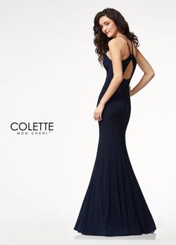 Style CL21723 Mon Cheri Navy Blue Size 12 Black Tie Halter Mermaid Dress on Queenly
