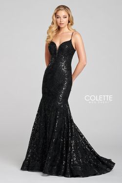 Style CL12121 Mon Cheri Black Tie Size 2 Train Sequined Military Mermaid Dress on Queenly