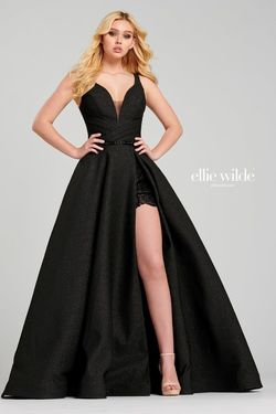 Style EW120071 Ellie Wilde Black Size 8 Prom Belt Lace Side slit Dress on Queenly