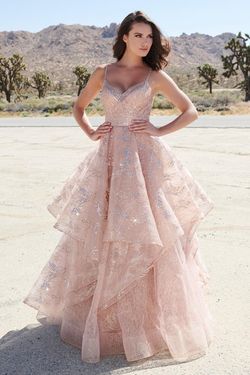 Style EW120005 Ellie Wilde Pink Size 10 Tall Height Jewelled Prom Pattern Ruffles A-line Dress on Queenly