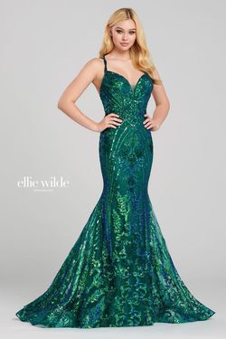 Style EW120028 Ellie Wilde Green Size 8 Train Lace Prom Mermaid Dress on Queenly