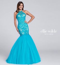 Style EW117120 Ellie Wilde Blue Size 12 Prom Lace Mermaid Dress on Queenly