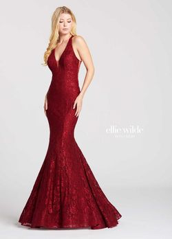 Style EW118007 Ellie Wilde Red Size 10 Burgundy Military Lace Halter Mermaid Dress on Queenly