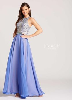 Style EW118097 Ellie Wilde Blue Size 16 Military Prom Halter A-line Dress on Queenly