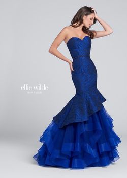 Style EW117142 Ellie Wilde Royal Blue Size 8 Black Tie Floral Mermaid Dress on Queenly