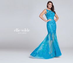 Style EW117084 Ellie Wilde Blue Size 4 Prom Turquoise Military Lace Mermaid Dress on Queenly