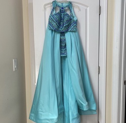 Style 7074 Rachel Allan Blue Size 6 Fun Fashion Overskirt Jumpsuit Dress on Queenly