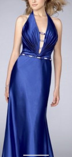 La Femme Blue Size 6 Backless Halter Straight Dress on Queenly