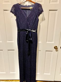 Adriana Propel blue lace with small train Blue Size 14 Navy Black Tie Floor Length Straight Dress on Queenly