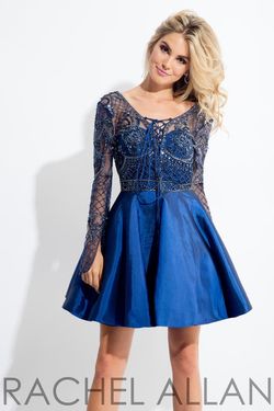 Style 4493 Rachel Allan Blue Size 4 Navy Midi Flare Cocktail Dress on Queenly
