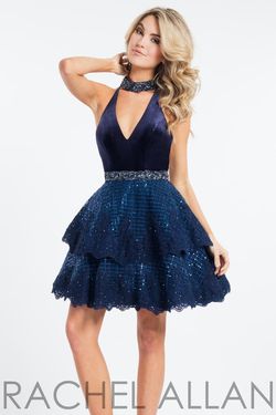 Style 4394 Rachel Allan Blue Size 4 Velvet Lace Midi Halter Cocktail Dress on Queenly
