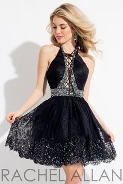 Style 4433 Rachel Allan Black Size 4 Flare Holiday Lace Midi Cocktail Dress on Queenly