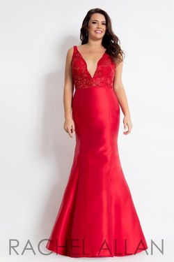 Style 6310 Rachel Allan Red Size 16 Satin Plunge Mermaid Dress on Queenly