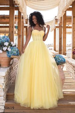 Style 50619 Tarik Ediz Yellow Size 6 Pageant Tall Height Prom Ball gown on Queenly