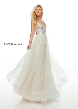 Style 7015 Rachel Allan Green Size 6 Floor Length V Neck Ball gown on Queenly