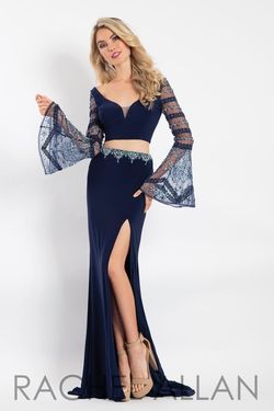 Style 6122 Rachel Allan Blue Size 8 Sheer Jersey Prom Side slit Dress on Queenly