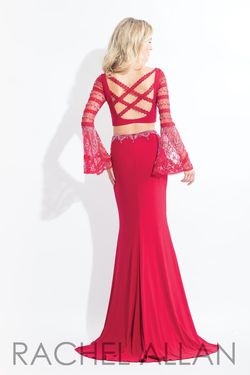 Style 6122 Rachel Allan Red Size 4 Floor Length Jersey Sheer Side slit Dress on Queenly