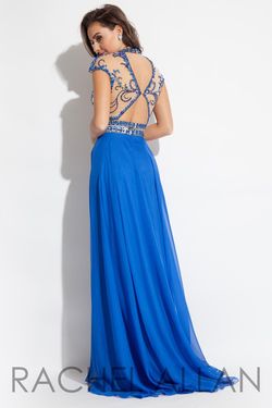 Style 2060 Rachel Allan Blue Size 6 Sheer Cap Sleeve Straight Dress on Queenly