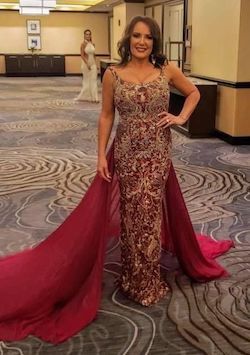 Sherri Hill Red Size 4 Jewelled Gold Burgundy Train Dress on Queenly