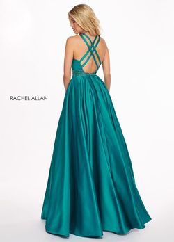 Style 6464 Rachel Allan Green Size 16 Pockets Plus Size Floor Length Satin A-line Dress on Queenly