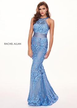 Style 6462 Rachel Allan Blue Size 0 Prom Lace Halter Mermaid Dress on Queenly