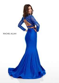 Style 7128 Rachel Allan Blue Size 10 Floor Length Long Sleeve Jersey Jewelled Mermaid Dress on Queenly