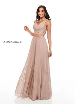 Style 7099 Rachel Allan Pink Size 12 Tall Height Floor Length Rose Gold Lace A-line Dress on Queenly