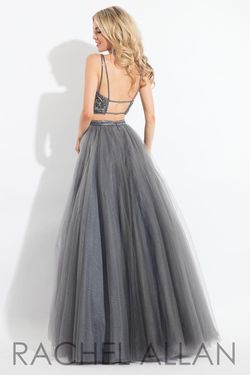 Style 6120 Rachel Allan Silver Size 12 Floor Length Halter Ball gown on Queenly