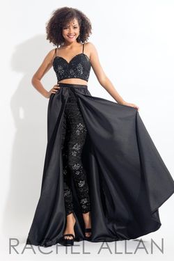 Style 6104 Rachel Allan Black Size 6 Tall Height Pageant Train Overskirt Jumpsuit Dress on Queenly