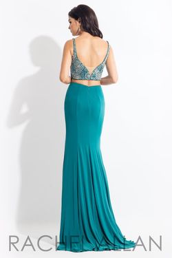 Style 6100 Rachel Allan Green Size 14 Teal Backless Pageant Side slit Dress on Queenly