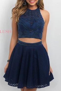 Style 225 Blush Prom  Blue Size 2 Beaded Top High Neck Tall Height Sheer Cocktail Dress on Queenly