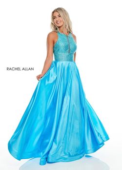 Style 7116 Rachel Allan Blue Size 6 Pageant Sequined Boat Neck Jewelled Ball gown on Queenly