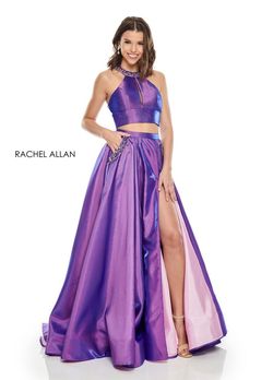 Style 7009 Rachel Allan Purple Size 10 Halter Shiny Floor Length Pageant Side slit Dress on Queenly