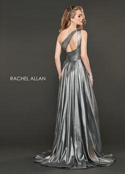 Style 8406 Rachel Allan Silver Size 10 Train Prom Cut Out Shiny Pageant Side slit Dress on Queenly