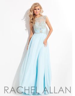 Style 6816 Rachel Allan Blue Size 4 Floor Length Sheer A-line Dress on Queenly