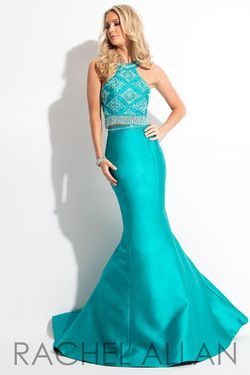 Style 7557 Rachel Allan Green Size 12 Fringe Silk Prom Mermaid Dress on Queenly