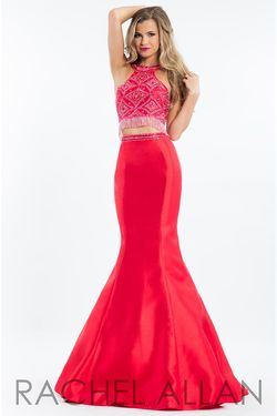 Style 7557 Rachel Allan Red Size 6 Halter Mermaid Dress on Queenly