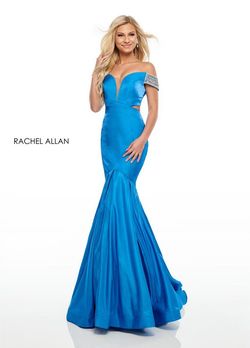 Style 7016 Rachel Allan Blue Size 10 Silk Cap Sleeve Mermaid Dress on Queenly