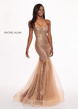 Style 6513 Rachel Allan Gold Size 14 Plus Size Shiny Floor Length Mermaid Dress on Queenly